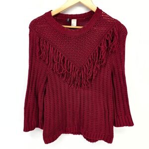 H&M Divided Fringe Sweater Womens Small Burgundy Red Boho Western Chunky Knit